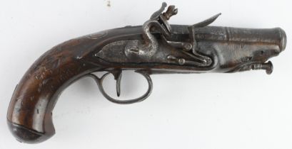 Belgian 40-bore flintlock pocket pistol, with 3 ¼ in. octagonal to round barrel, swan-neck hammer,