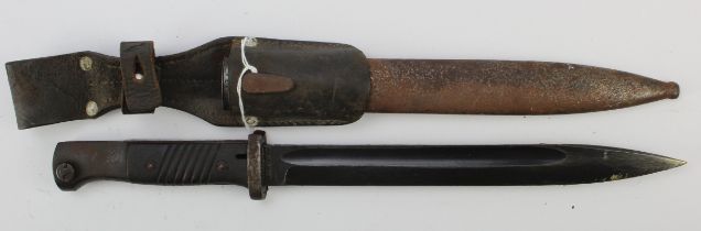 German 3rd Reich K98 Bayonet with scabbard and frog. Blade marked '44 crs'. Bayonet & scabbard