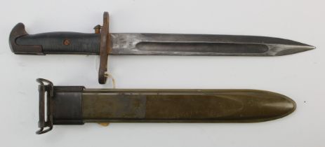 Bayonet a good WW2 M1 for the Garand Rifle, ricasso stamped "US" and "1943" in its plastic service