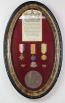 1915 Star trio with Memorial Plaque, badges and Scroll housed in large old glazed frame for 9473 Pte