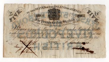 Jersey 5 Pounds dated 1840, Interest Bearing Note at one half-penny per week, serial number 978, pen