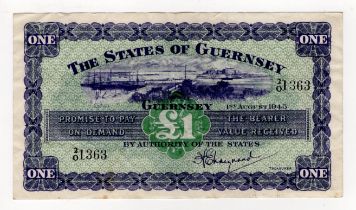 Guernsey 1 Pound dated 1st August 1945, scarce first date of issue, 2/O 1363 (TBB B148a, Pick43a)