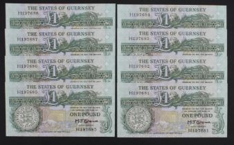 Guernsey 1 Pound (8) issued 1980 - 1989, signed M.J. Brown, a consecutively numbered run of 8 notes,