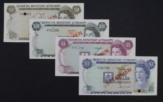 Bermuda (4), a group of SPECIMEN notes, 50 Dollars, 20 Dollars, 5 Dollars and 1 Dollar issued 1978 -