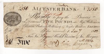 Alcester Bank 5 Pounds dated 1st January 1802, serial No. 2586 for JN. Haynes, Rich. Bloxam & JN.