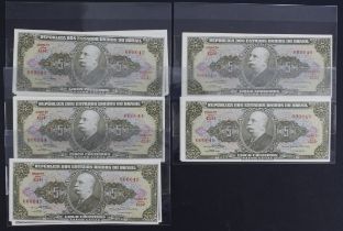 Brazil 5 Cruzeiros (35) issued 1965, 5 x groups of 7 notes in each group with matching VERY LOW