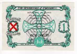 Cornwall Cornish Stannary 1 Pound, an unknown design possibly a test/proof note, Stannary of