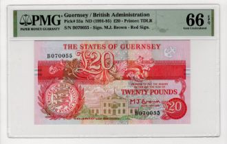 Guernsey 20 Pounds issued 1991 - 1995, orange/red signature M.J. Brown, serial B070055 (TBB B160a,