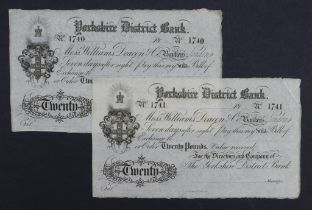 Yorkshire District Bank 20 Pounds sight notes (2), a consecutively numbered pair of unissued 7 Day