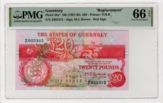 Guernsey 20 Pounds issued 1991 - 1995, orange/red signature M.J. Brown, REPLACEMENT note 'Z' prefix,