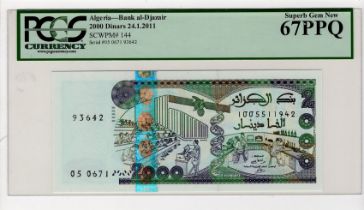 Algeria 2000 Dinars dated 2011, serial 05 0671 93642 (TBB B408a, Pick144) in PCGS holder graded 67