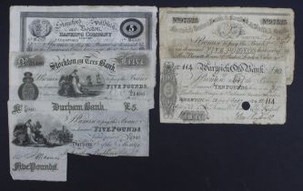 Provincial Banks (5), Warwick Old Bank 10 Pounds 1829, Norwich Crown Bank 5 Pounds 1867, Stockton on