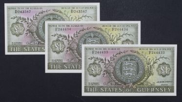 Guernsey (3), 1 Pound issued 1969 - 1975 signed C.H. Hodder, a consecutively numbered pair plus