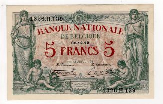 Belgium 5 Francs dated 30th December 1919, serial 1326.H.139 (TBB B535c, Pick75b) very light signs