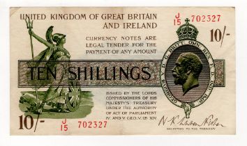 Warren Fisher 10 Shillings (T30) issued 1922, FIRST SERIES serial J/15 702327 (T30, Pick358) light