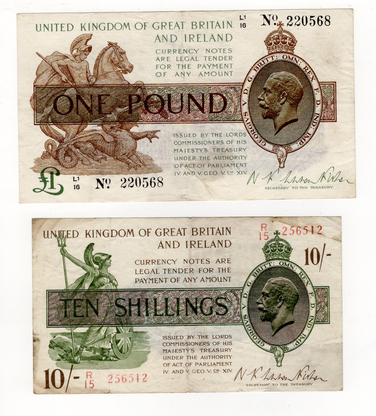 Warren Fisher (2), 10 Shillings issued 1922 serial R/15 256512 (T30, Pick358) pinholes, dirt on