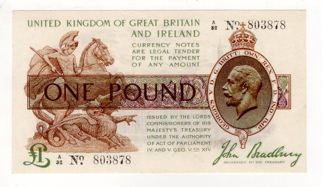 Bradbury 1 Pound (T16) issued 1917, FIRST SERIES serial A/32 803878 (T16, Pick351) EF