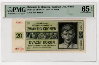 Bohemia & Moravia 20 Korun dated 24th January 1944, serial S.46H 199106 (TBB B109b, Pick9a) in PMG