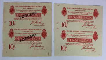 Bradbury 10 Shillings (4), 2 uncut sheets of 2 FORGED notes, uniface examples, 2 with with '