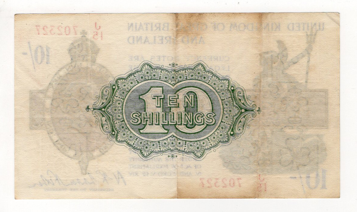 Warren Fisher 10 Shillings (T30) issued 1922, FIRST SERIES serial J/15 702327 (T30, Pick358) light - Bild 2 aus 2