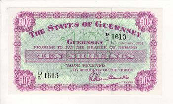 Guernsey 10 Shillings dated 1st January 1961, a rarer early date, signed Guillemette, serial 13/L