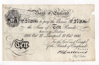 Catterns 10 Pounds (B229e) dated 27th October 1930, very rare LIVERPOOL branch note, serial 129/V