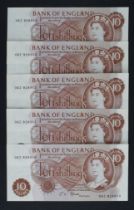 Fforde 10 Shillings (B309) issued 1967 (5), a consecutively numbered run of LAST SERIES notes,