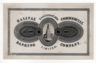 Halifax Commercial Banking Company Limited, 5 Pounds REVERSE PROOF proof circa 1864, black and white