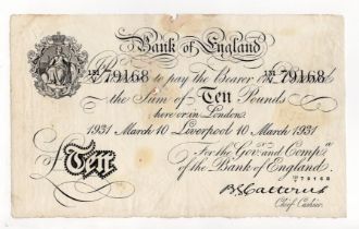 Catterns 10 Pounds (B229e) dated 10th March 1931, very rare LIVERPOOL branch note, serial 131/V