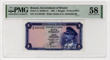 Brunei 1 Ringgit dated 1967, serial A/2 945105 (TBB B101a, Pick1a) in PMG holder graded 58 Choice