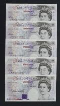 Gill 20 Pounds (B358) issued 1991 (5), a consecutively numbered run of FIRST SERIES notes, serial