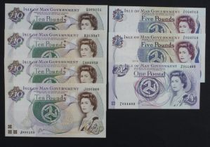 Isle of Man (7), 10 Pounds issued 1991 - 1998 (4) including a LOW number J000169, a first prefix