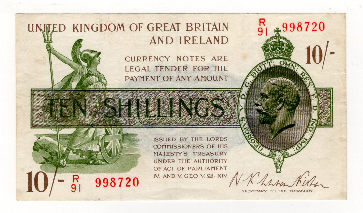 Warren Fisher 10 Shillings (T30) issued 1922 serial R/91 998720 (T30, Pick358) VF