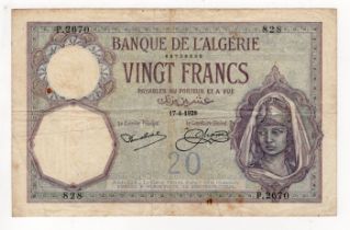 Algeria 20 Francs dated 17th April 1928, scarcer early date, serial P.2670 828 (TBB B124b,