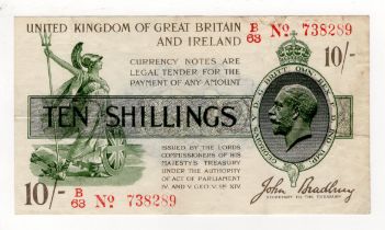 Bradbury 10 Shillings (T20) issued 1918, red serial No. B/63 738289 (T20, Pick350b) No. with dash,