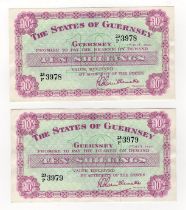 Guernsey 10 Shillings (2) dated 1st July 1966, a pair of consecutively numbered notes serial 23/P