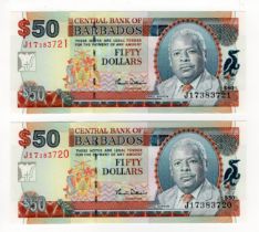 Barbados 50 Dollars (2) issued 2000 signed M.Williams, a consecutively numbered pair, serial J17