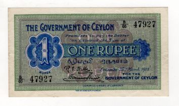 Ceylon 1 Rupee dated 23rd March 1918, rare early date of issue, serial B/66 47927 (TBB B211b,