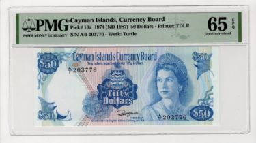 Cayman Islands 50 Dollars dated 1974 (issued 1987), serial A/1 203776 (TBB B110a, Pick10a) in PMG