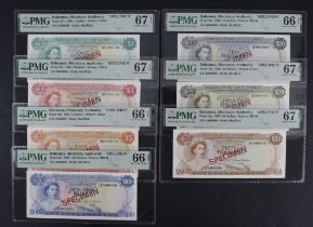 Bahamas (7), SPECIMEN set dated 1968, 100 Dollars PMG 66 EPQ, 50 Dollars PMG 67 EPQ, 20 Dollars