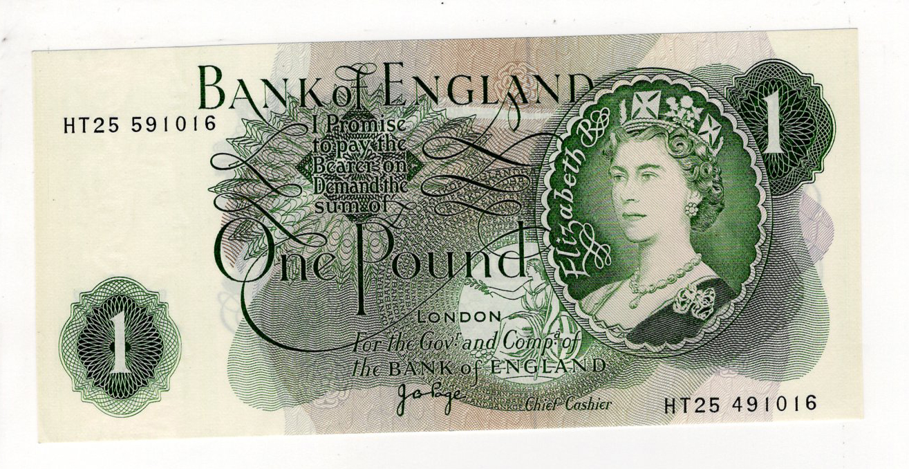 ERROR Page 1 Pound issued 1970, mismatched serial numbers HT25 591016 & HT25 491016 (B322, Pick374g)