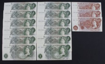 Hollom (15), 1 Pound (12) issued 1963, a consecutively numbered run of 10 FIRST SERIES notes, with