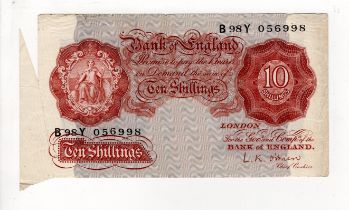 ERROR O'Brien 10 Shillings issued 1955, a scarce Britannia error, large extra paper FISHTAIL at