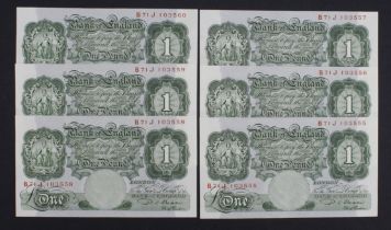 Beale 1 Pound (B268) issued 1950 (6), a consecutively numbered run of 6 x notes, serial B71J