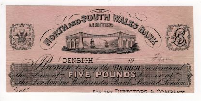 North & South Wales Bank Limited, Denbigh, 5 Pounds CUT PROOF 18xx (Outing662e) light mount marks on