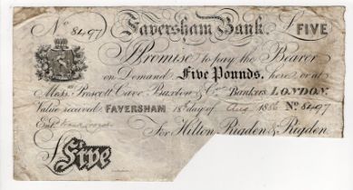 Faversham Bank 5 Pounds dated 1886, serial No. 8497 for Hilton, Rigden & Rigden (Outing786d)
