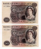 Hollom 10 Pounds (B299) issued 1964 (2), rare FIRST RUN notes 'A01' prefix, serial A01 366041 &