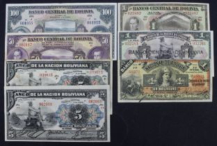 Bolivia (7), 1 Boliviano dated 1892, 5 Bolivianos dated 1911 (2) series F and AA, 1 Boliviano