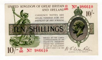 Warren Fisher 10 Shillings (T25) issued 1919, serial G/95 986610, No. with dot (T25, Pick356)