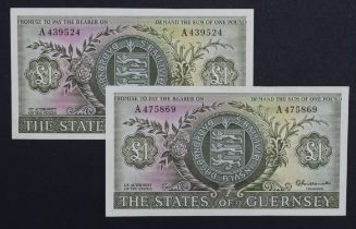 Guernsey 1 Pound issued 1969 (2), signed Guillemette, FIRST SERIES notes, serial A439524 &